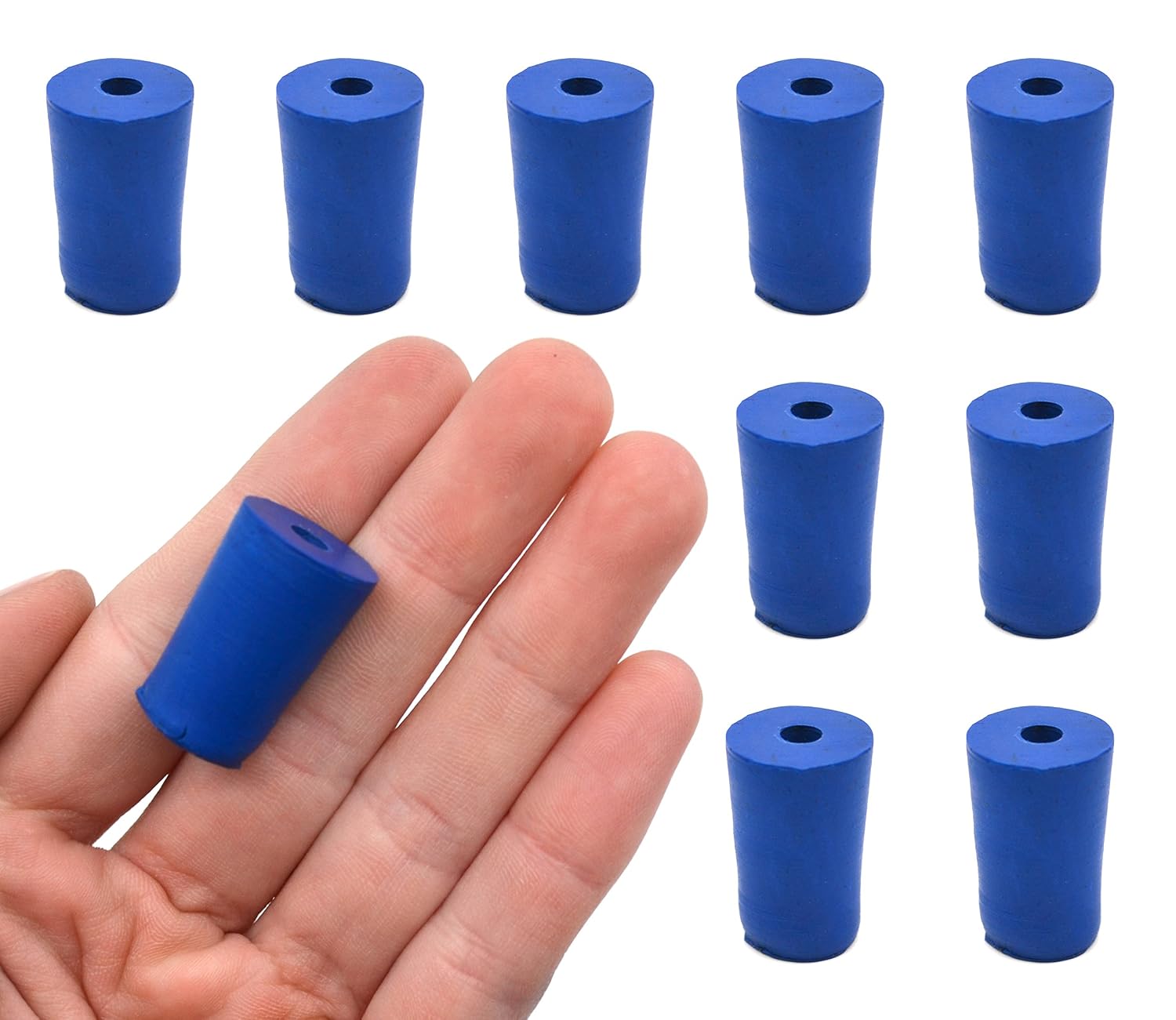 EISCO 10PK Neoprene Stoppers, 1 Hole - Blue - Size: 13mm Bottom, 16mm Top, 24mm Length - Suitable for use with Petroleum, Oils, Inorganic Acids and Bases