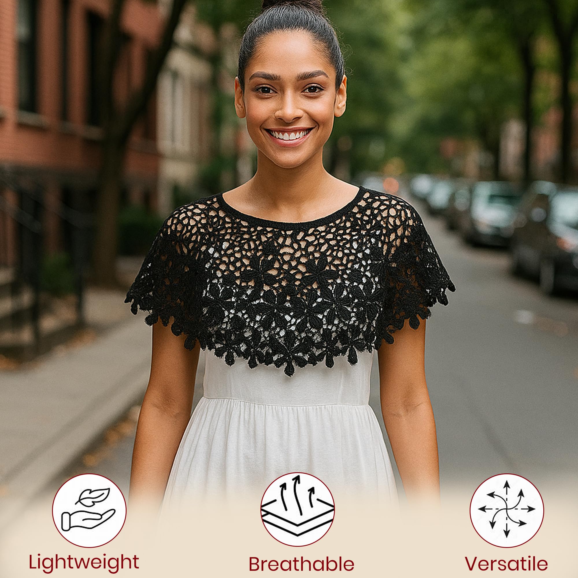 Homeaura® Lace Shrugs for Women | Stylish Cape Poncho Crochet Shrug Floral Pattern Capelets Knitted Cover Up Wraps | Short Hollow Out Net Shrug for Off-Shoulder Strapless Evening Beachwear (Black) - Image 2 thumbnail