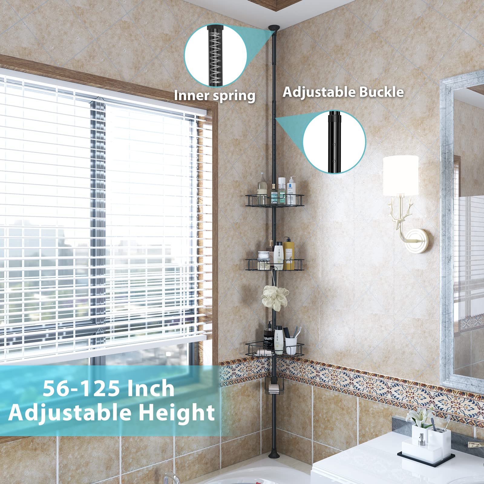 DAKEPOLE Tension Shower Caddy Corner Steel, Rustproof Bathtub Tension Pole Corner Shower Caddy Stand Shelf Storage Organizer for Bathroom Shampoo Soap, 4 Tier Adjustable Shelves, 54 to 125 Inch