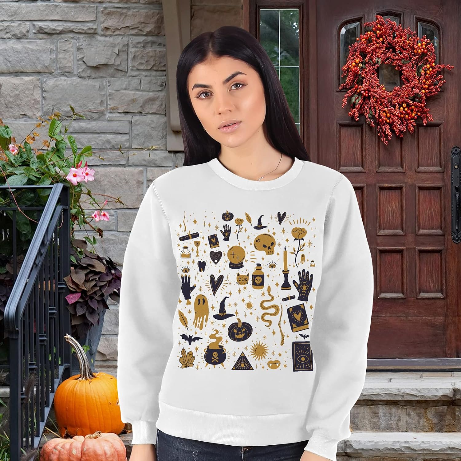 GotPrint Cute Halloween Sweatshirts for Women, Pumpkin Ghost Boo Skeleton Halloween Crewneck Sweatshirt Long Sleeve Tops