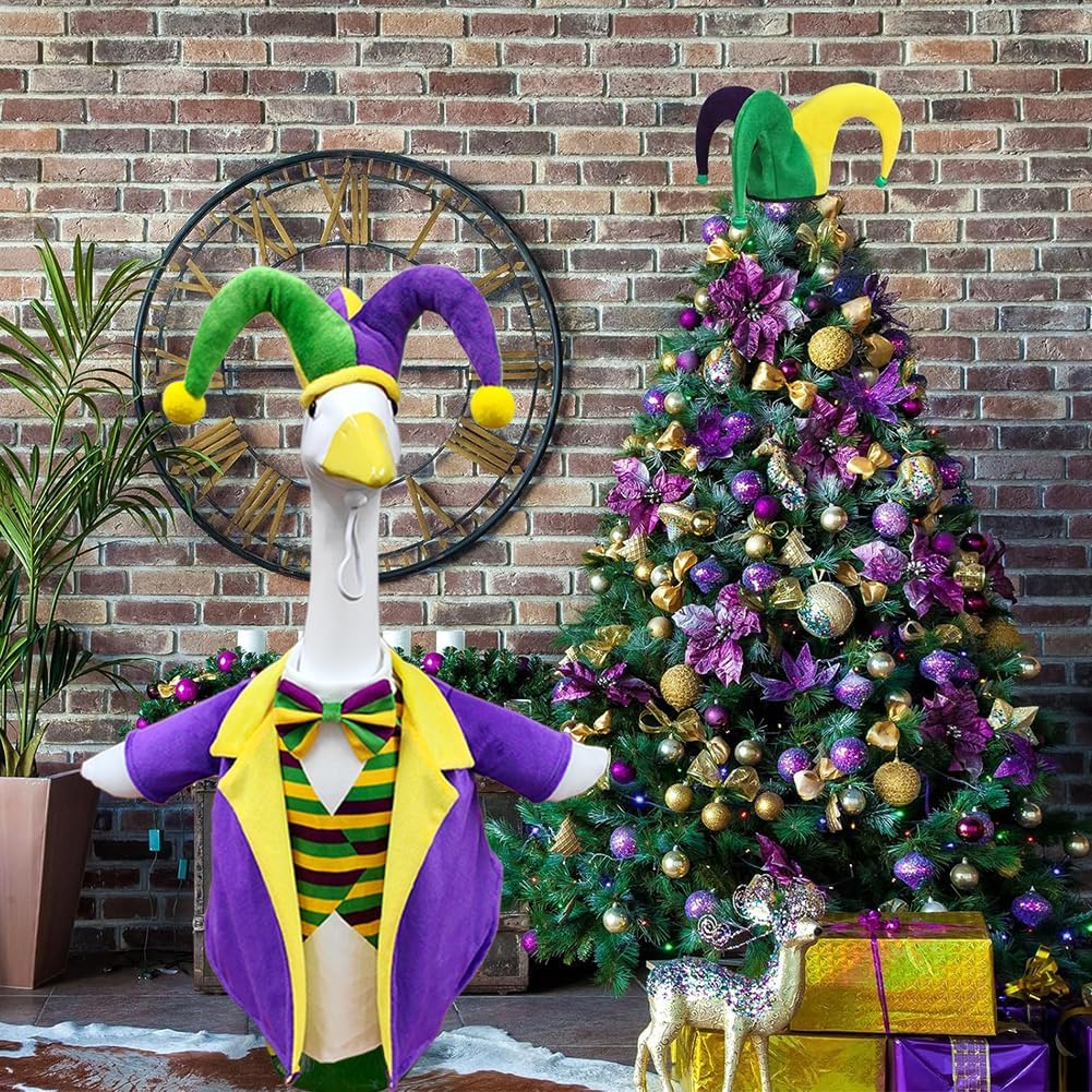 Mardi Gras Goose Outfit for Porch Goose Statue 23 inch Cement Lawn Porch Goose Costume Clothes Accessories Set Jester Hat and Suit with Arms (Mardi Gras)