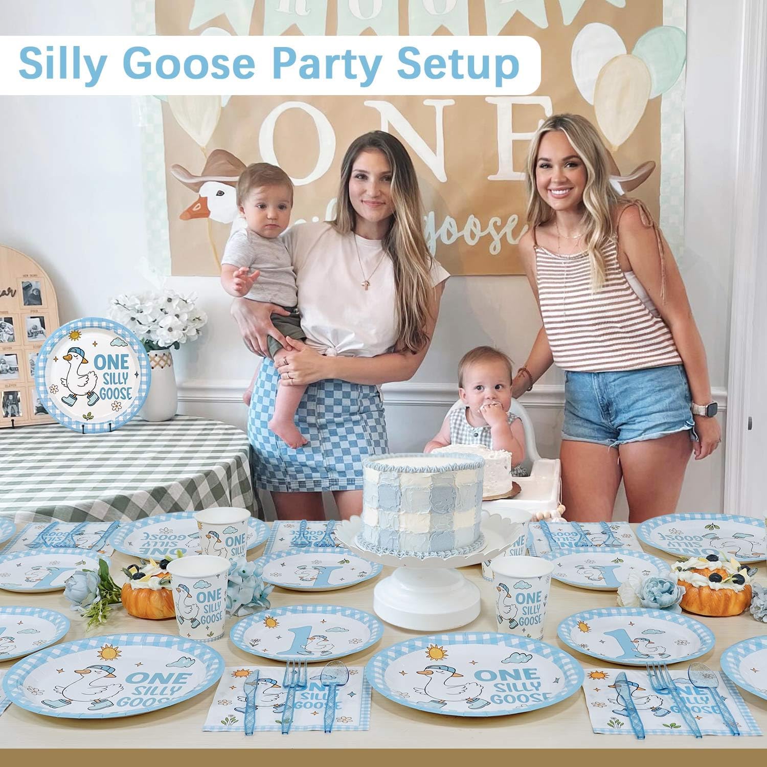 175pcs One Silly Goose Birthday Decor Boy Plates Set, Blue Silly Goose Plates Napkins Cups Cutlery Tableware for Boy First Birthday Decorations, 25 Guests