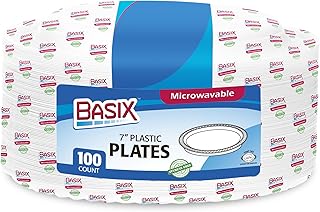 Basix 100 Count Disposable Plastic Plates Microwave Safe 7-Inch, White