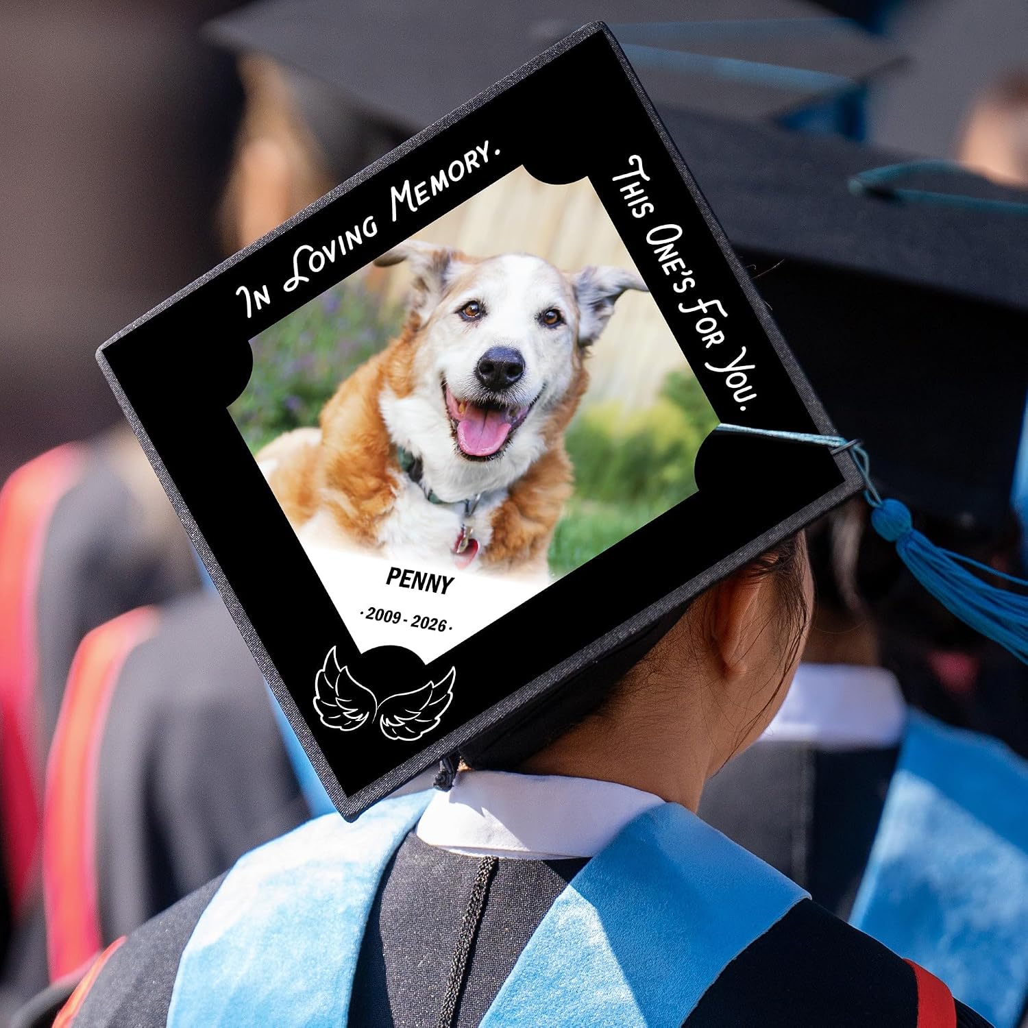 Big Dot of Happiness Custom Photo In Loving Memory Grad Cap Cover, Personalized Memorial Graduation Cap Decorations Kit - 1 Count