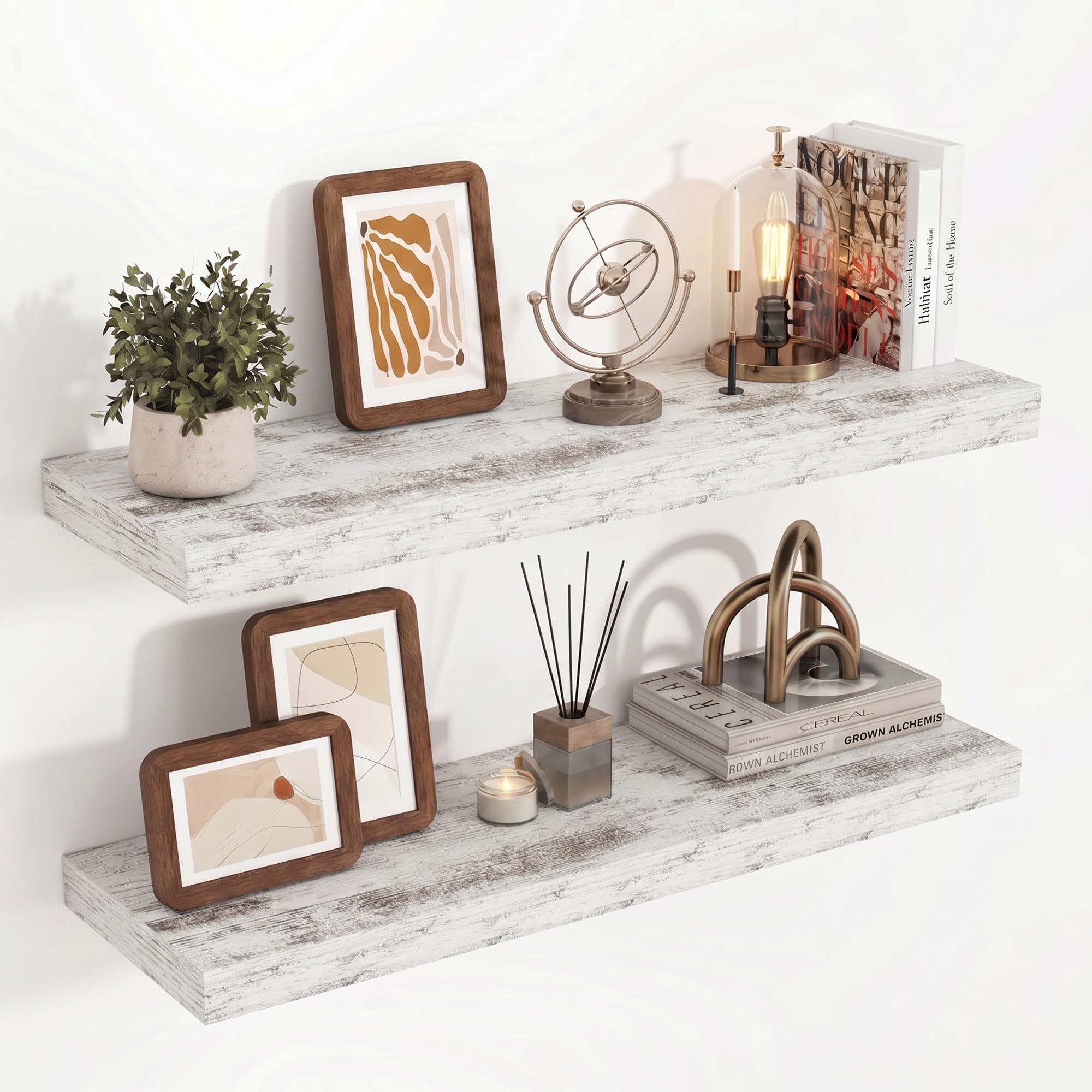 Acovy Floating Shelves for Wall, 23.5cm Extra Deep 80cm Long Wooden Wall Mounted Shelf, Wall Shelves for Living Room Bathroom Bedroom Kitchen, Washed White, Set of 2