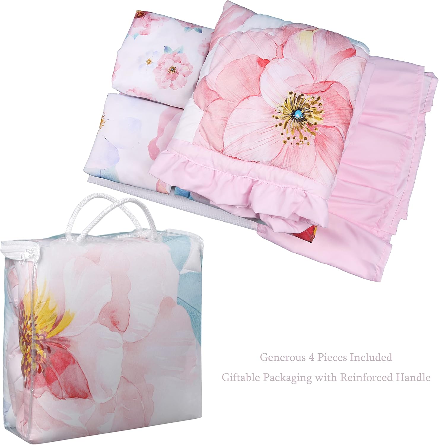 La Premura Baby Girl Crib Bedding Set for Girls, 4-Piece Nursery Crib Set Including Crib Sheet, Blanket, Crib Skirt and Pillow Cover, Watercolor Rose, Pastel Pink & Baby Blue : Baby