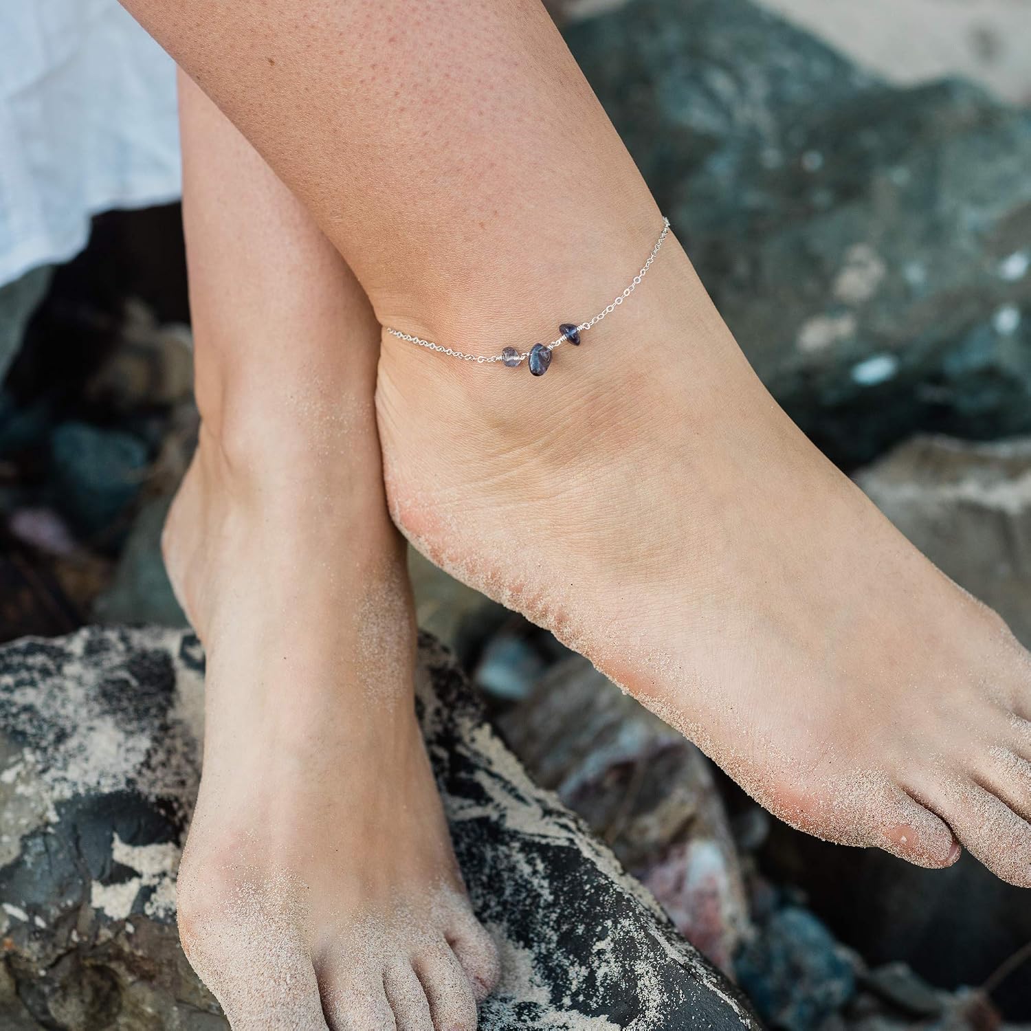 Iolite Beaded Chain Anklet in Sterling Silver