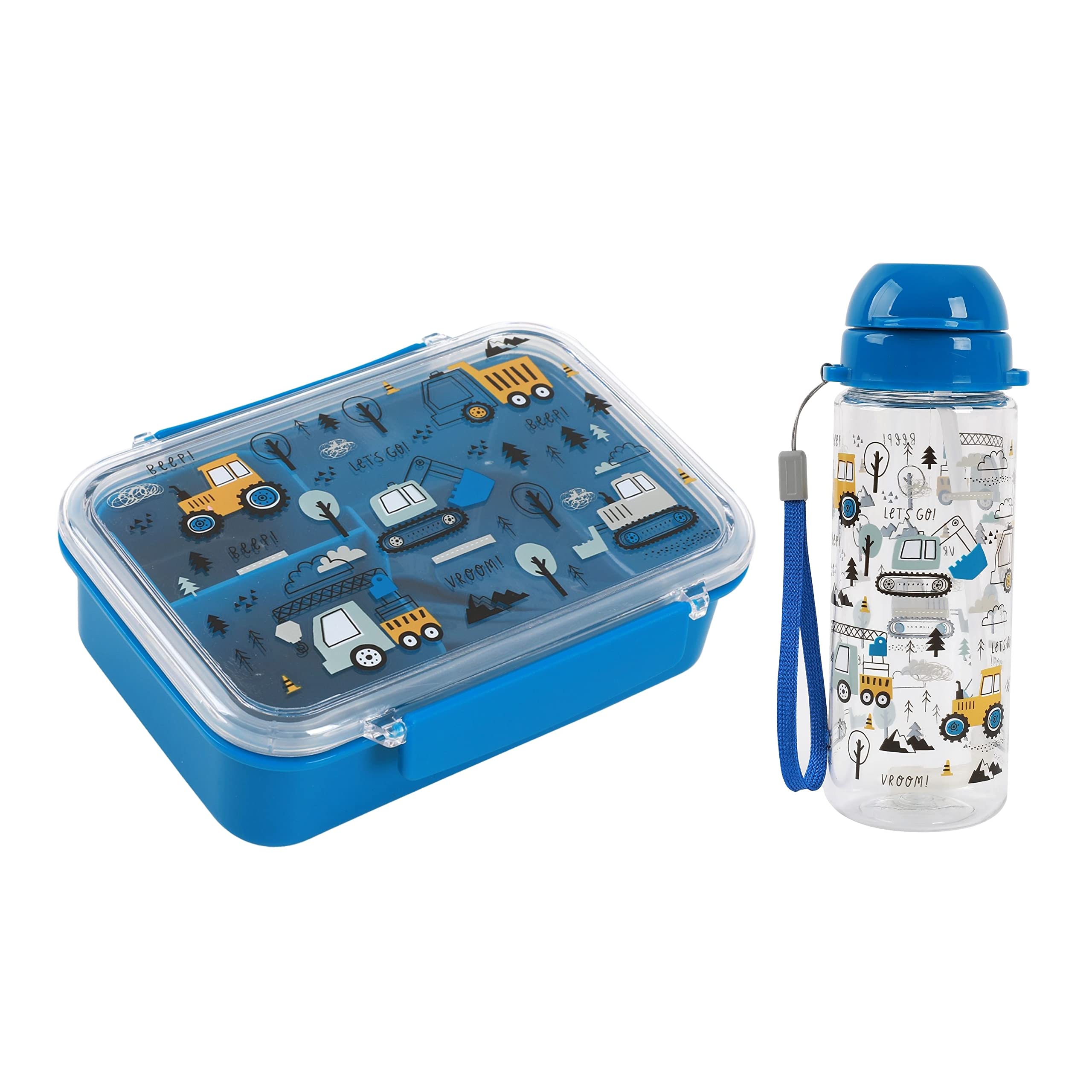 I-Drink – Bundle Lunch box + Borraccia Tritan 400ml, per Bambini, Porta Merenda, Picnic, Scuola, Senza BPA, con Disegni di Infanzia (Truck)