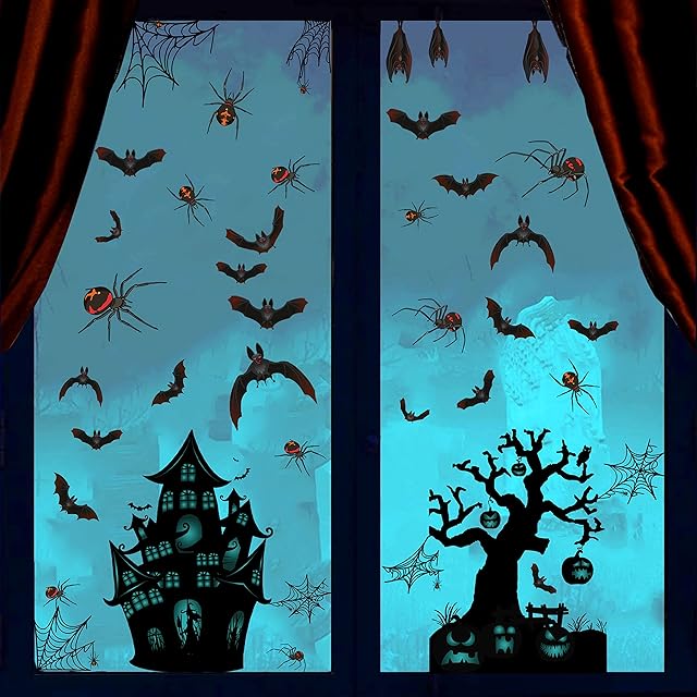 6 Sheets Window Clings Halloween, Halloween Window Stickers Spiders Bats Spider Webs Dead Tree Decal for Halloween Party Decoration