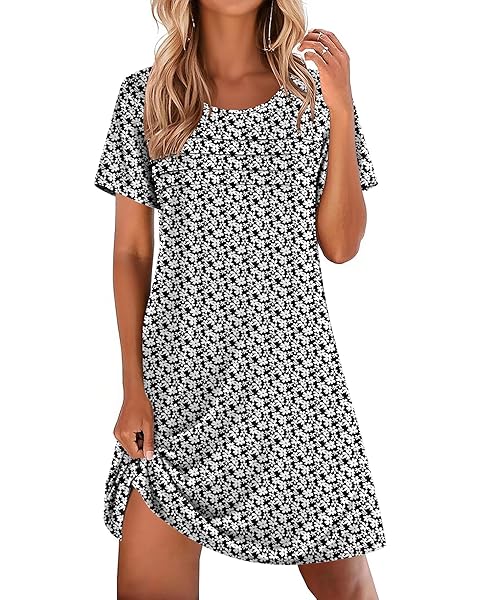 Ekouaer Cotton Nightgowns for Women Short Sleeve Sleep Shirts Pleated Night Shirts Soft Crew Neck Night Gown