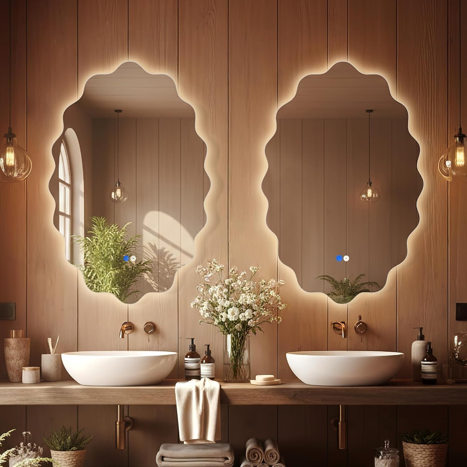 Oval Irregular Wave LED Bathroom Wall Mirror, Dimmable Backlit Mirror with 3 Color Lights, Anti-Fog, Stylish Oval LED Mirror for Bathroom Decor & Vanity (22"x 30", 2 Pack)
