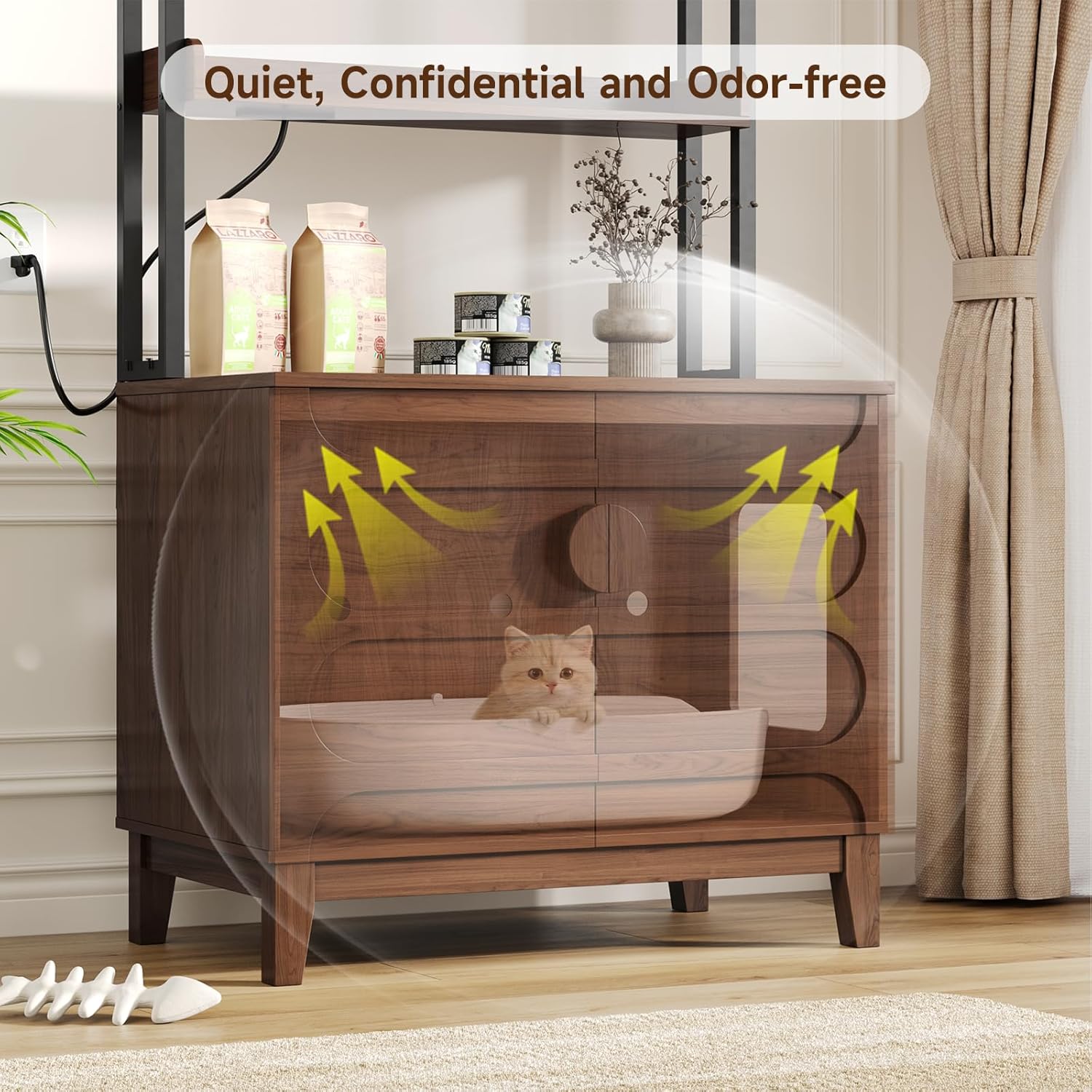 ONBRILL 68" Cat Litter Box Enclosure Furniture, Hidden Litter Box Cabinet with 4-Tier Storage Shelves and Outlet, Kitty Washroom Cabinet and Pet House, Fit Most of Litter Boxes for Living Room, Walnut