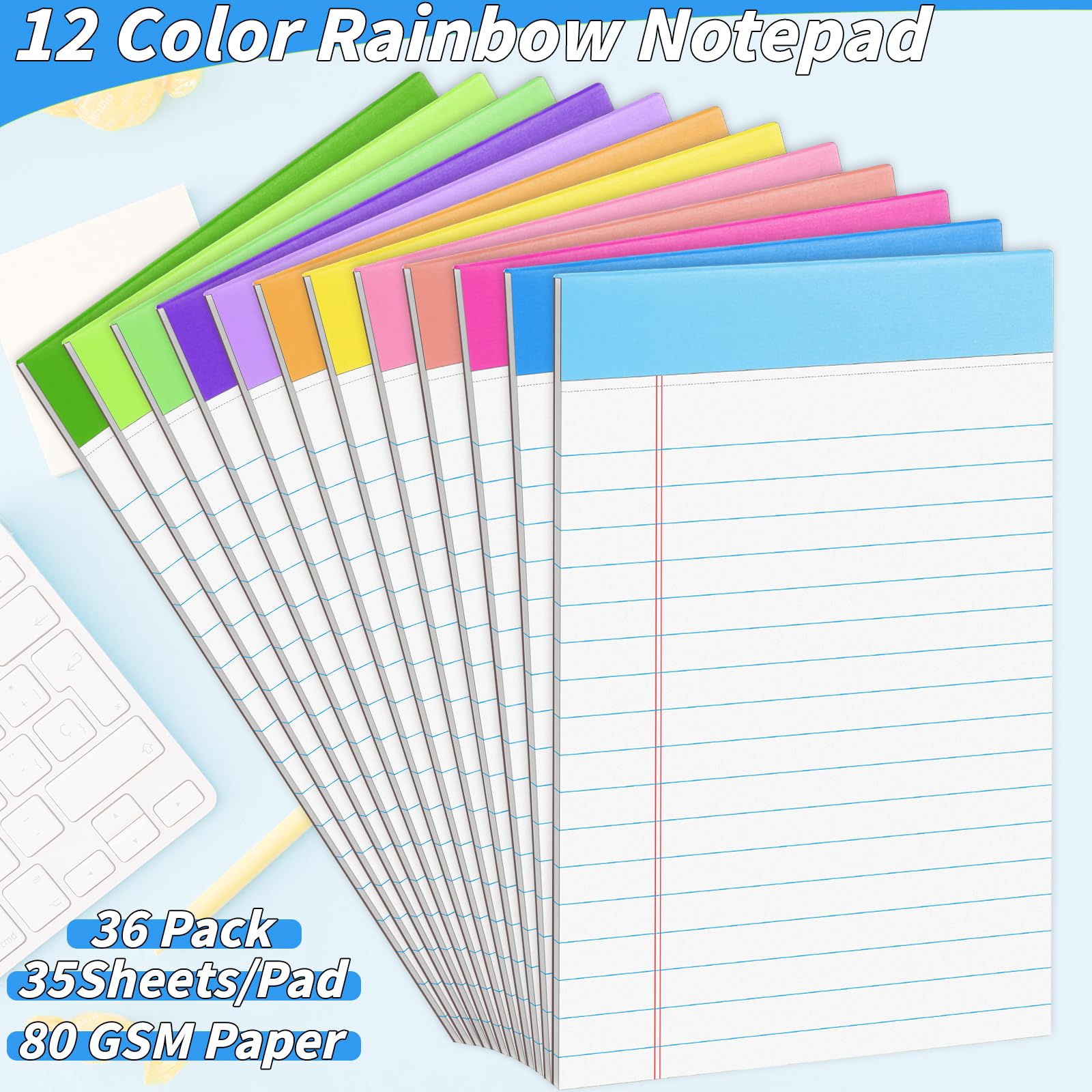 Confezione da 36 blocchi legali, blocco note arcobaleno da 12,7 x 20,3 cm, blocco note perforato a righe per lavoro, studio, lista di appunti quotidiani, fogli a righe, ricariche per appunti, per