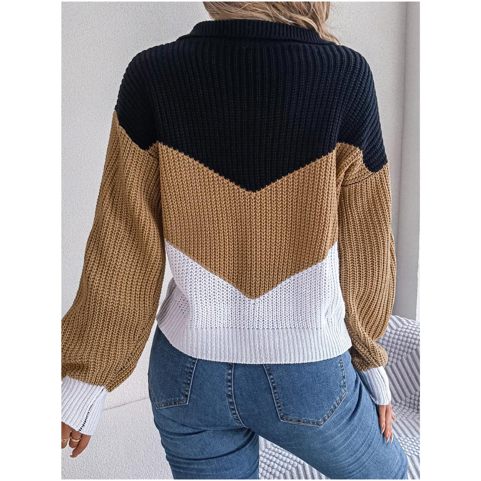 Sweter dla kobiet Jesień Zima Temperament Casual Kołnierz Kontrastowy Luźny Rękaw Elegancki Dzianinowy Sweter Street Damski Sweter