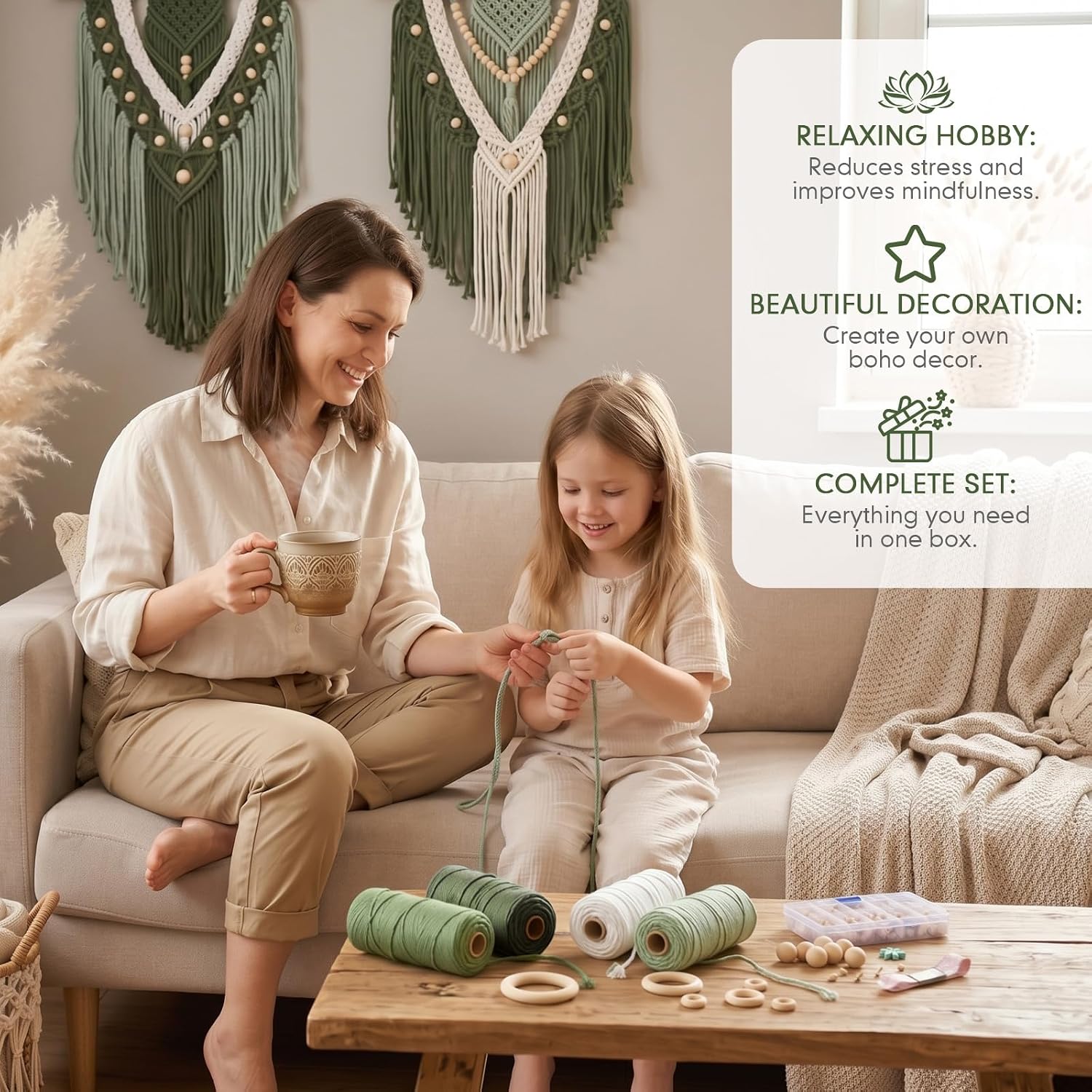 Rivvlive 249 Pcs Macrame Kit for Beginners, 3mm Cotton Cord, Green, White