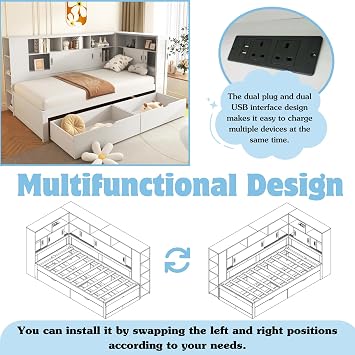Su & Chan Legence 90 x 190cm Corner Bed Frame with 2 Drawers and USB, Pine Corner Bed with Shelves, Multifunctional and Simple Design, White
