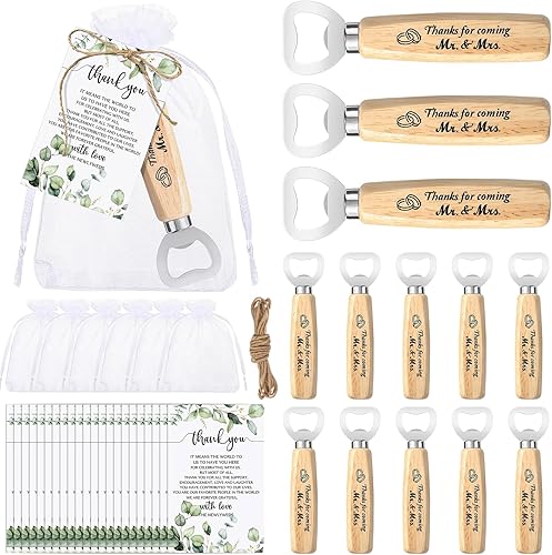 Dandat 50 juegos de recuerdos de boda para invitados a granel, 50 abridor de botellas de cerveza, abrebotellas de madera, tarjetas de agradecimiento