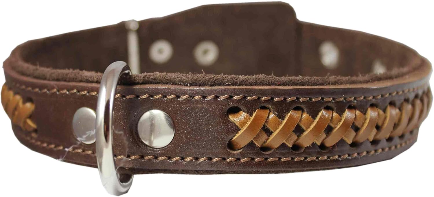 Genuine Leather Braided Dog Collar, Brown 1.25" Wide. Fits 16"-20.5" Neck.