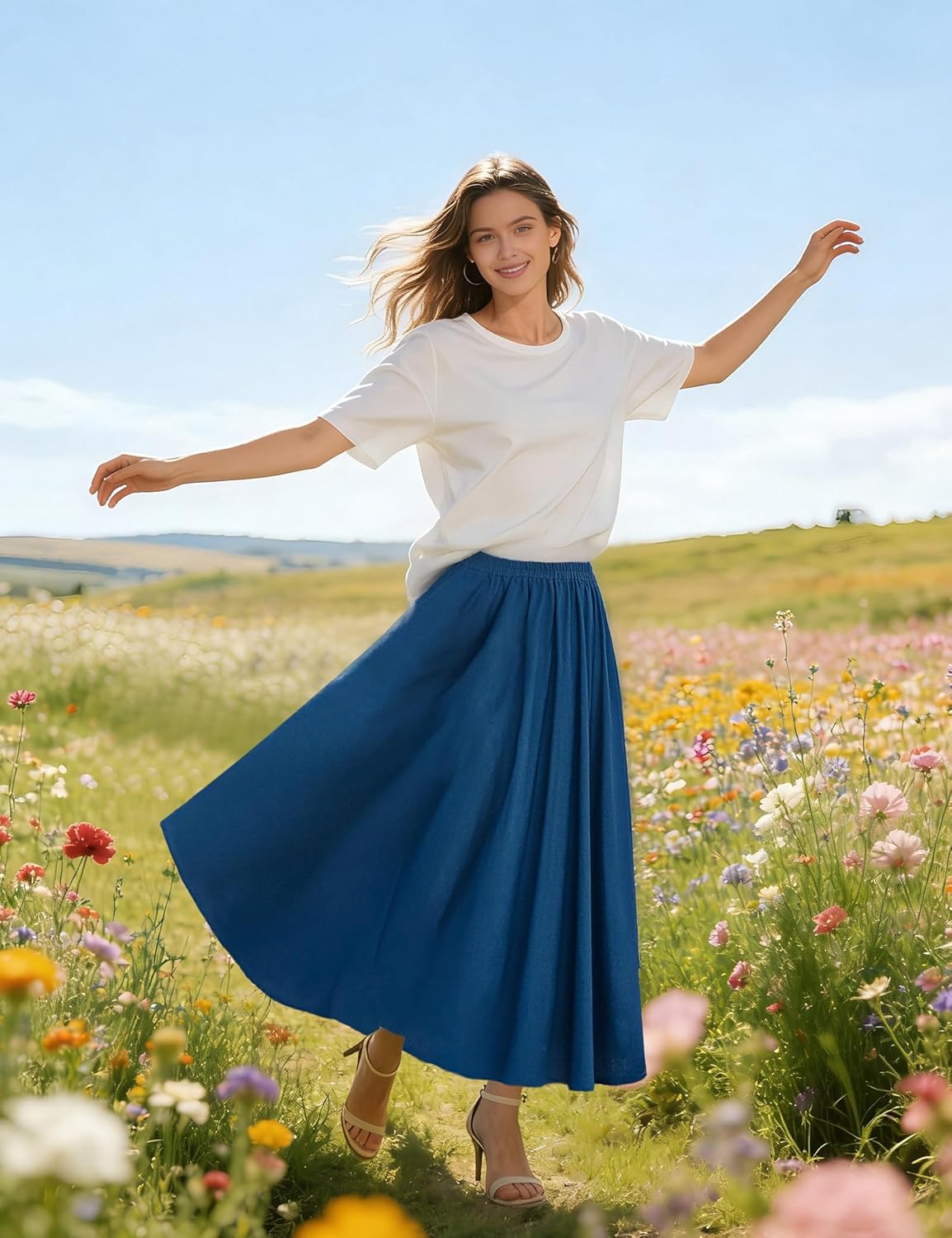 Soojun Women's Solid Cotton Linen Retro Vintage A-line Long Flowy Skirts - Image 8