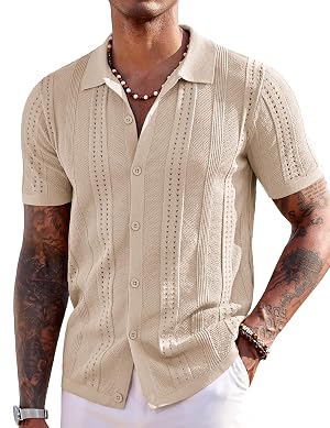 COOFANDY Mens Knit Shirts Short Sleeve Button Down Polo Shirt Fashion Casual Summer Beach Shirts