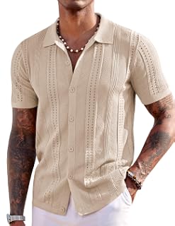 COOFANDY - Camisas de punto para hombre, manga corta, polo con botones, moda casual de verano para la playa | Camisa informal de punto a la moda, transpirable, hueca, ligera, básica de temporada de vacaciones