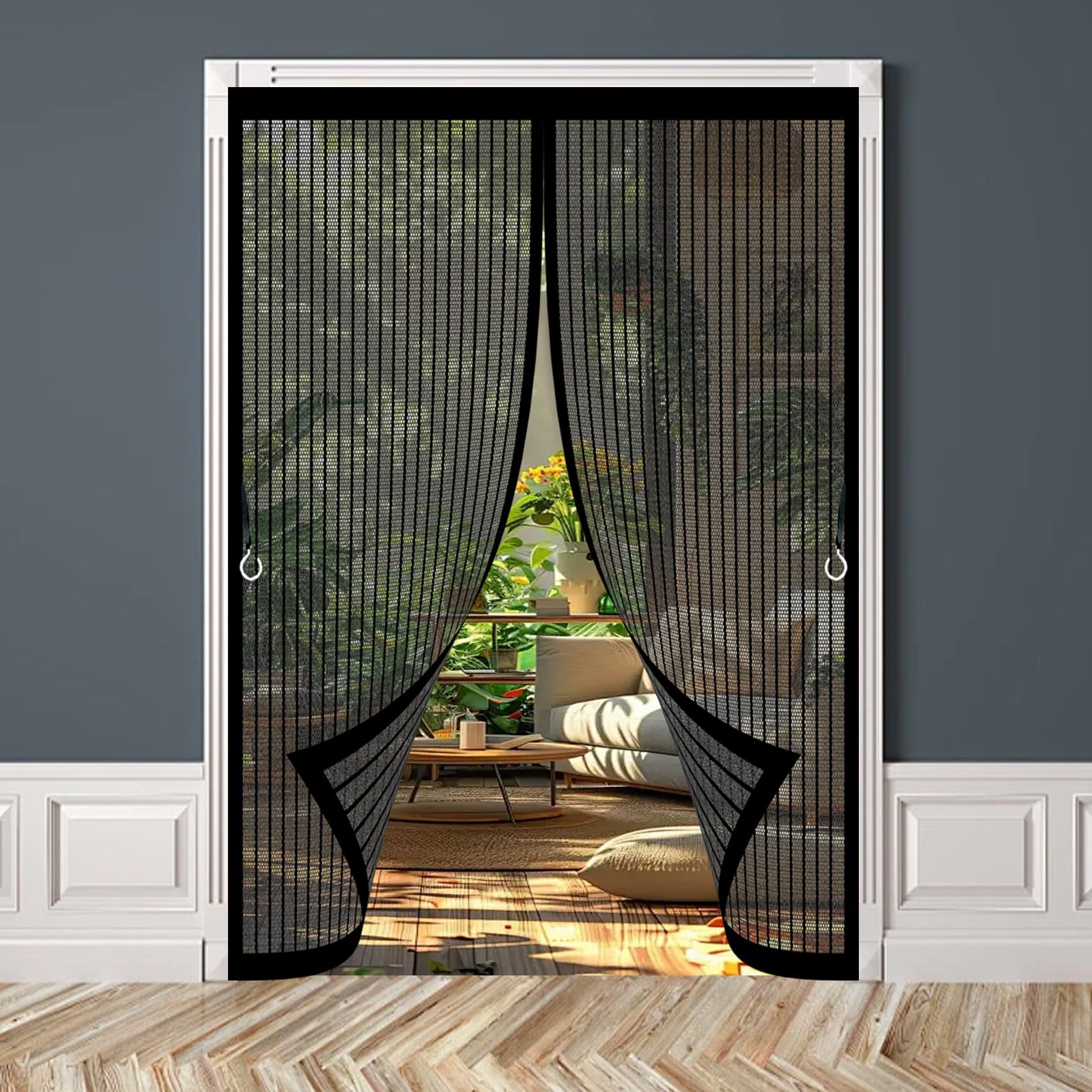 Xueqxue Black Magnetic Door Curtains Fly Screen 88 X 216 Cm With Powerful Magnets & Full Frame Magic Tape No Gap, Lets Fresh Air In, Keep Bugs Out Heavy Duty Fly Curtains For Patio Doors Balcony,