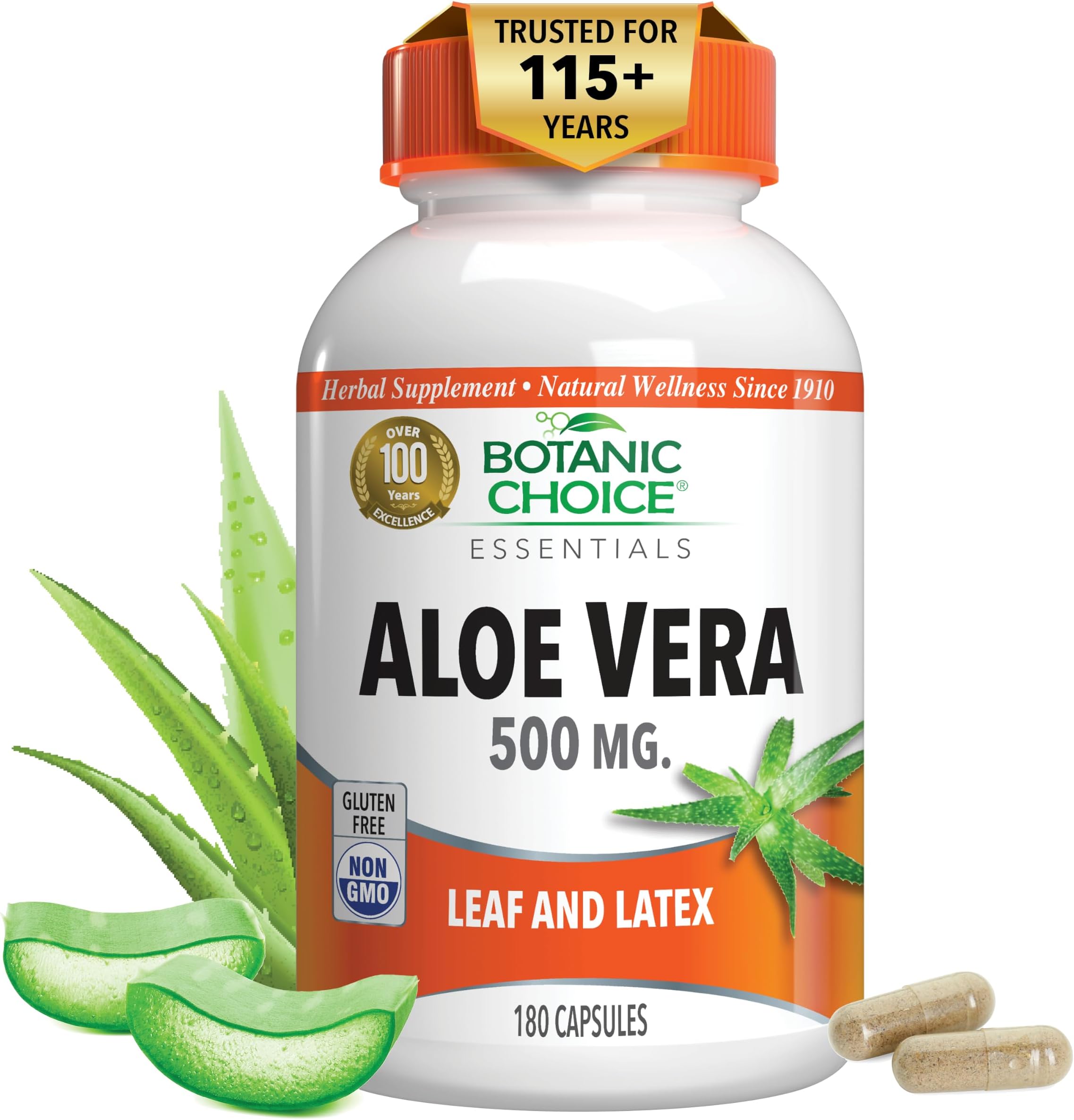 Aloe Vera- Leaf and Latex, Digestive, Liver, Stomach health-Contains Amino Acids, Vitamins, Minerals, Enzymes- 500mg-Gluten Free, Non-GMO-180 capsules