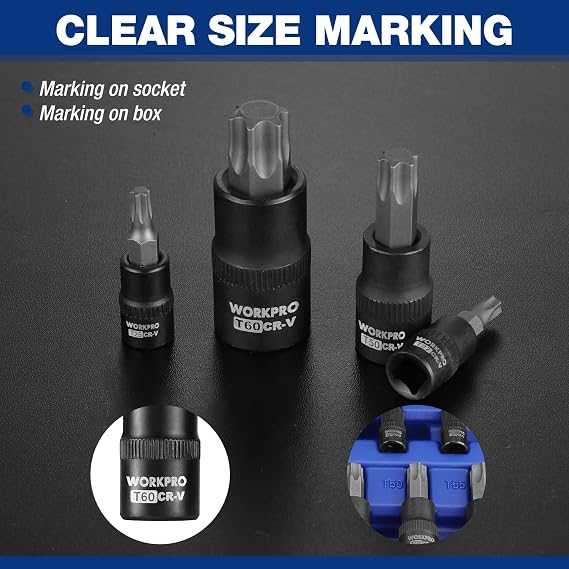 WORKPRO 13-Piece Torx Bit Socket Set, T8-T60, 1/4