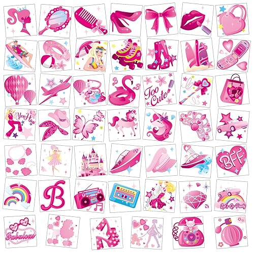 DPKOW 96 tatuajes temporales de princesa rosa para niñas, niños y mujeres, calcomanías de tatuajes rosas para niñas, suministros de recuerdos de