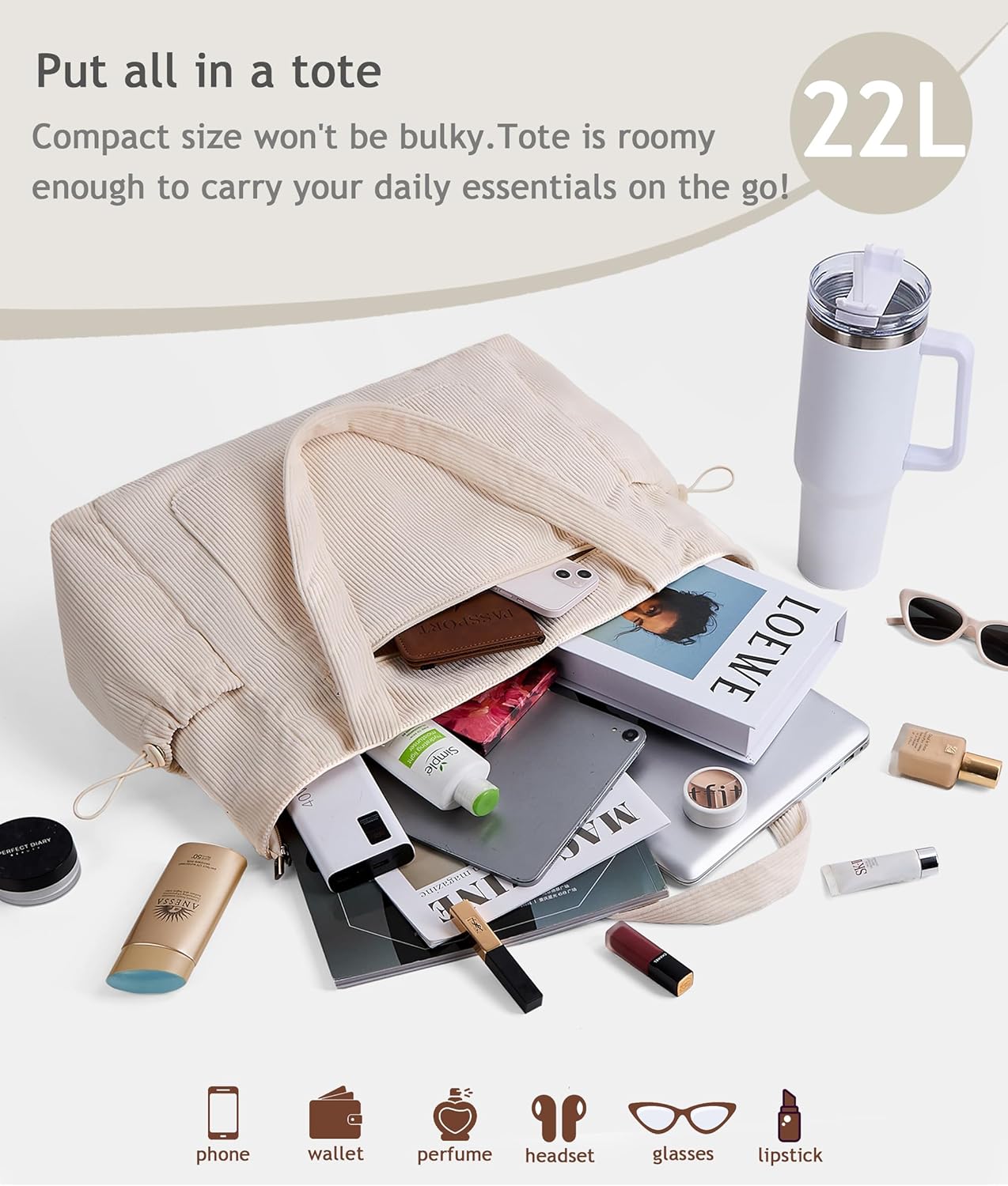 Tote Bag for Women Large Corduroy Tote Work Bags with Compartments Shoulder Bag Handbag for Travel, Teacher Nurse - Image 5