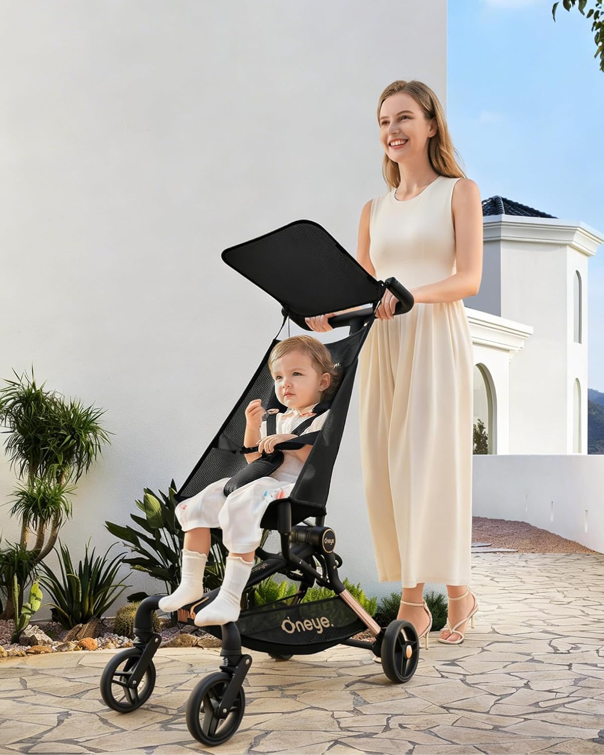 Oneye Travel Stroller for Airplane, Ultra Lightweight Baby Stroller for Toddlers with Canopy, Foldable & Compact Strollers with Jumbo Seat & Large Storage Basket,10.19lb,Stable & One-Hand Fold, Black