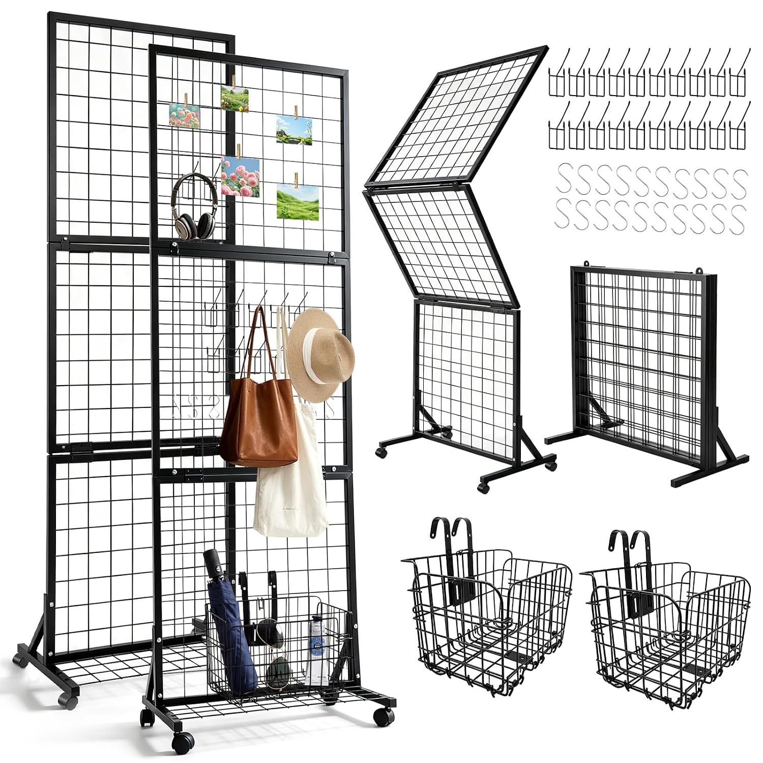 1.9' x 5.6' Grid Wall Panel, Movable Gridwall Display Rack with Hooks