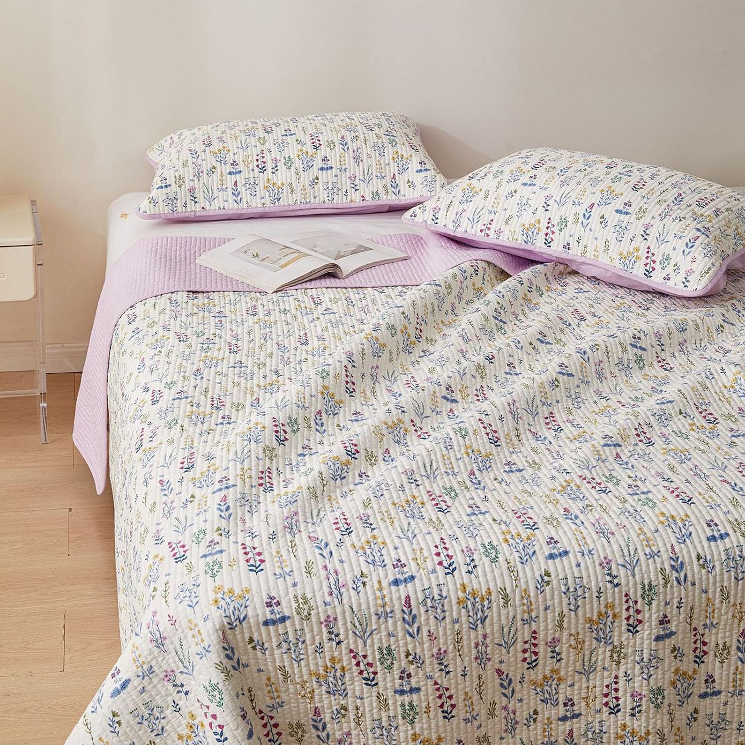 vctops Spring Floral Dotton Quilt Set Full Size 3 Pieces Summer Lightweight Quilted Bedspreads with 2 Pillow Shams Soft Botanical Coverlet Bedding Set for All Seasons (Floral D,Full)