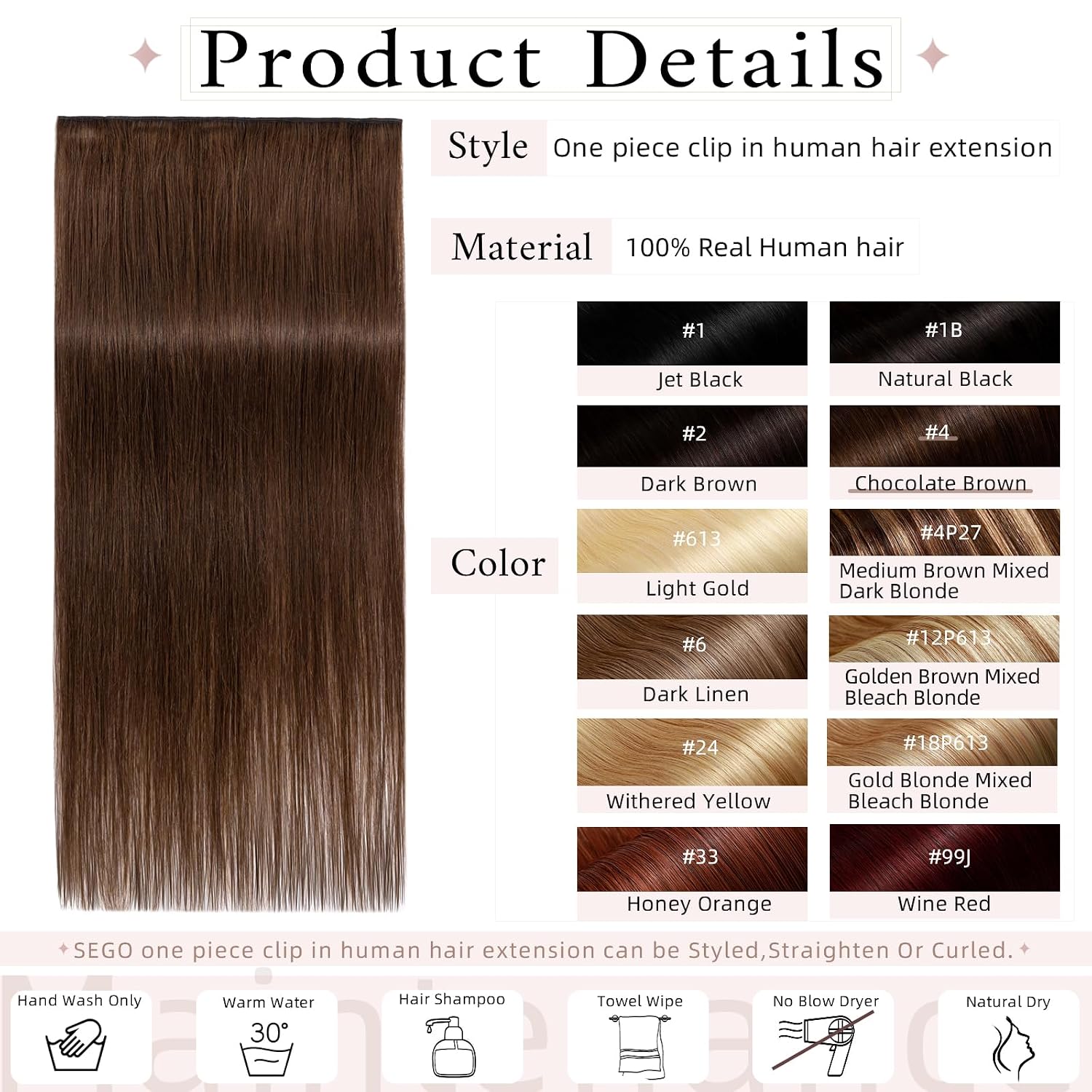 SEGO One Piece Clip in Extensions, 5 Clips Real Human Hair Extensions, Long Straight, 8 inches, #04 Chocalate Brown