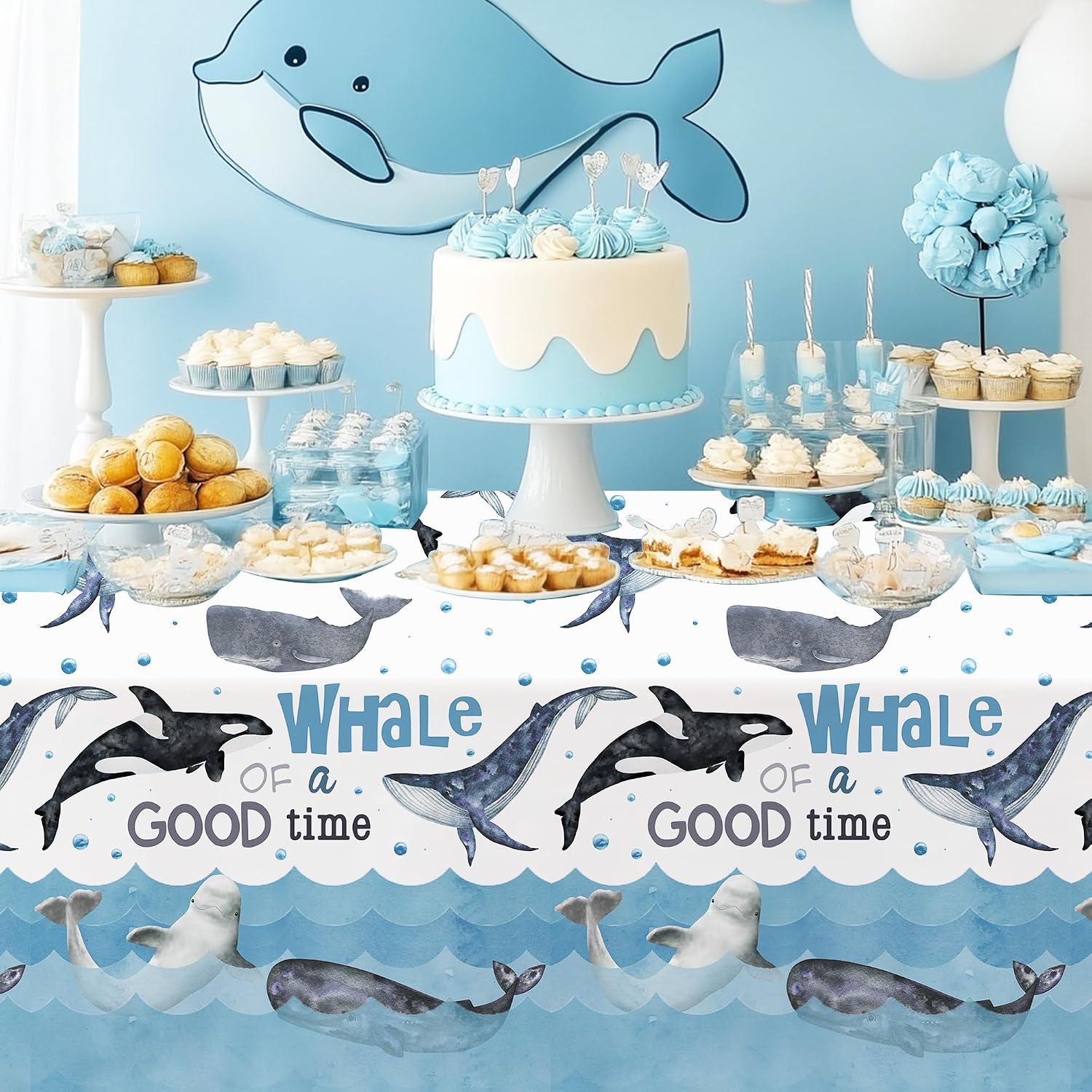 Whale Party Decorations Tablecloth for Birthday Baby Shower, 3pcs Disposable Under The Sea Theme Ocean Whale Birthday Party Supplies Tablecover, 86in x 55in