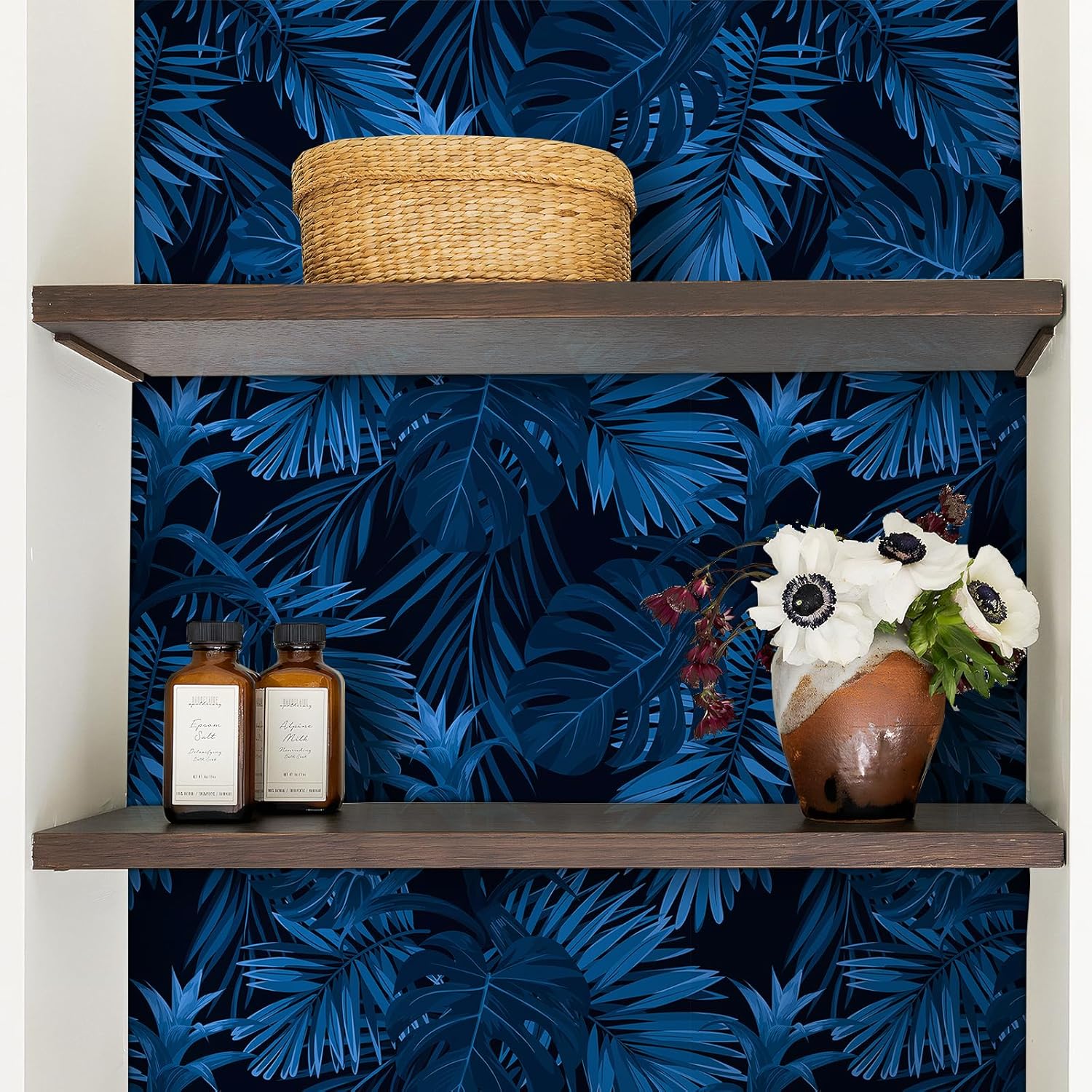 ReWallpaper Dark Blue Wallpaper Peel and Stick Black Palm Leaf Self Adhesive Wallpaper Tropical Jungle Leaves Wall Paper for Bedroom Bathroom 17.5in×10ft Waterproof Vinyl Removable Contact Paper Roll