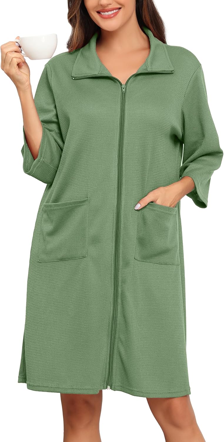 Lovasy Badjas Dames Wafel Piqué 3/4 Mouw Saunajas Wafel Brei Kamerjas Zachte Lichtgewicht Knielange Loungewear Met Riemzakken Zwart M
