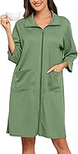 Lovasy Women's Zip Robes Waffle Dressing Gowns for Women UK 3/4 Sleeve Bathrobe Lightweight Knee Length Housecoat with Pockets