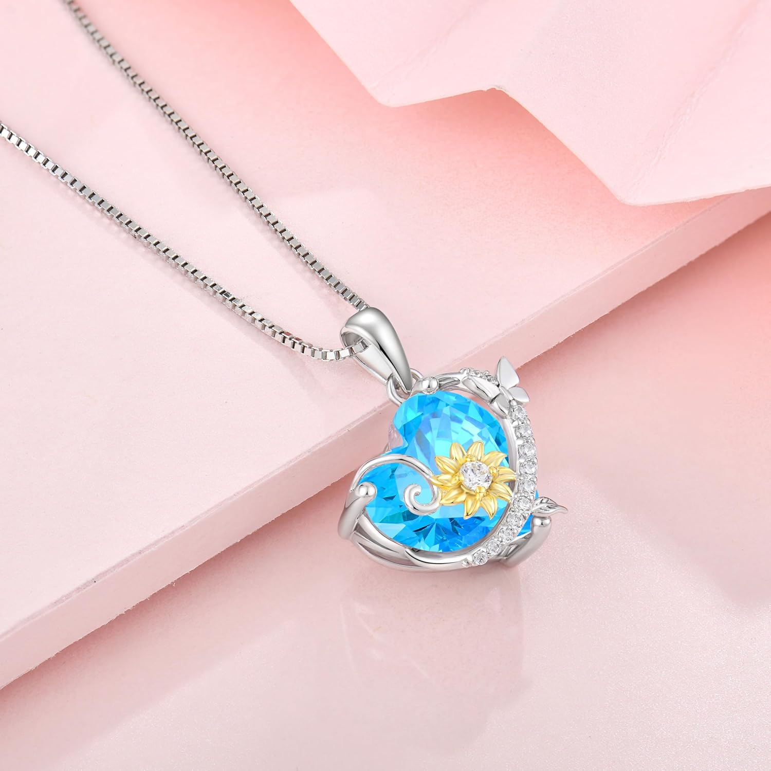 Butterfly Sunflower Heart Necklace for Women, 925 Sterling Silver Cubic Zirconia Birthstone Pendant Jewelry for Her - Image 3