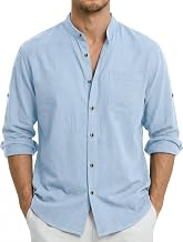 Enlision Men's Linen Shirt Long Sleeve Summer Korean Collar Button Down Shirt Casual Beach Shirt Henley Shirts S-2XL