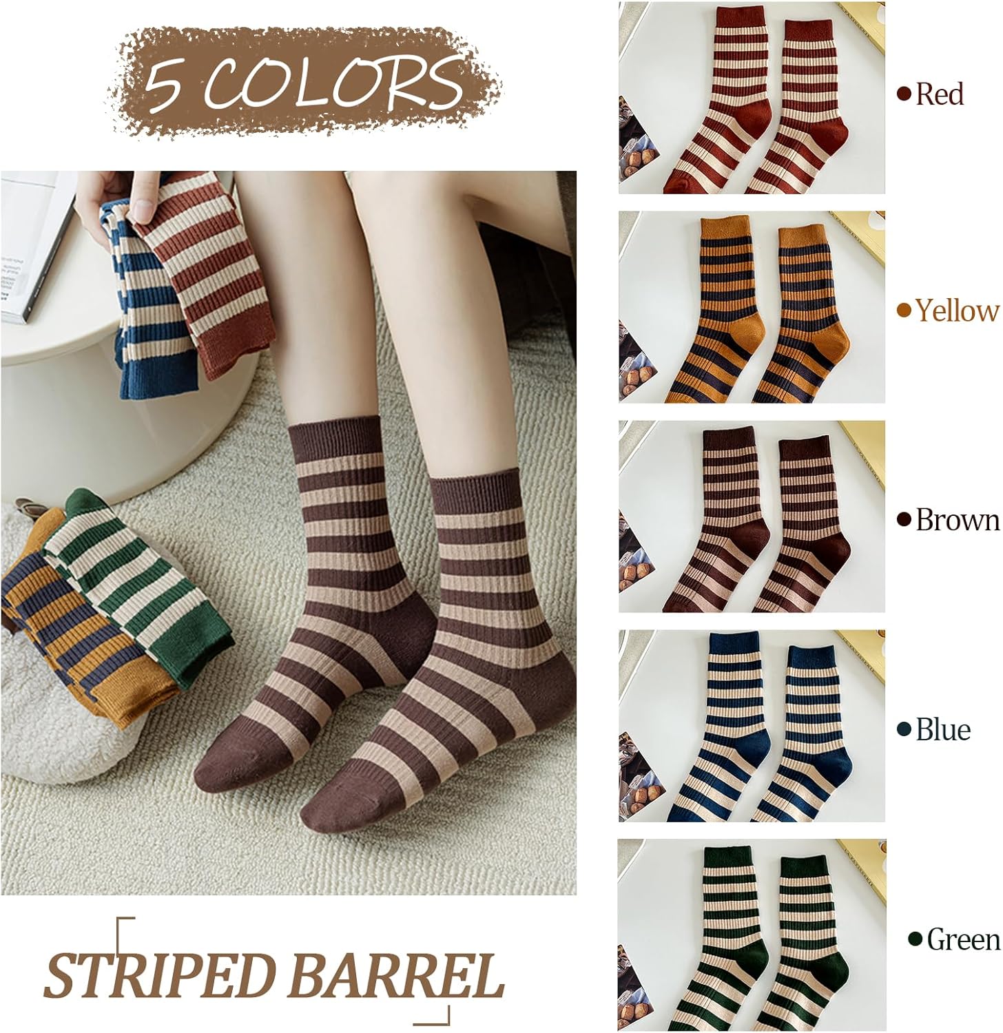 5 Pairs Vintage Style Colorful Striped Socks for Women, Cute Athletic Crew Socks - Image 7