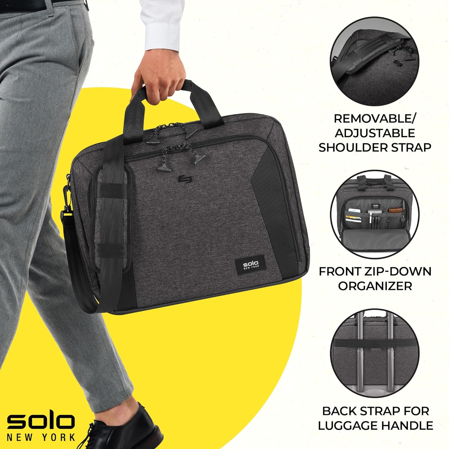 Solo New York Briefcase - Laptop Carrying Bag for Women & Men, Brief for Travel & Work, Internal Tablet Pocket, Adjustable Shoulder Strap, Fits 15.6" Computer - Voyage, Gray & Black - Image 2