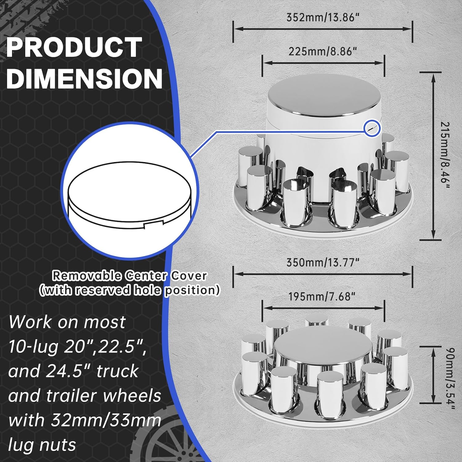 32/33mm Semi Truck Lug Nut Covers Wheel Covers Kit with 2 Front & 4 Rear, ABS Chrome Plastic Srcew-On Lug Nut Covers with Installation Tool, Flat Top Removable Hub Caps Kit for Semi Truck Trailer