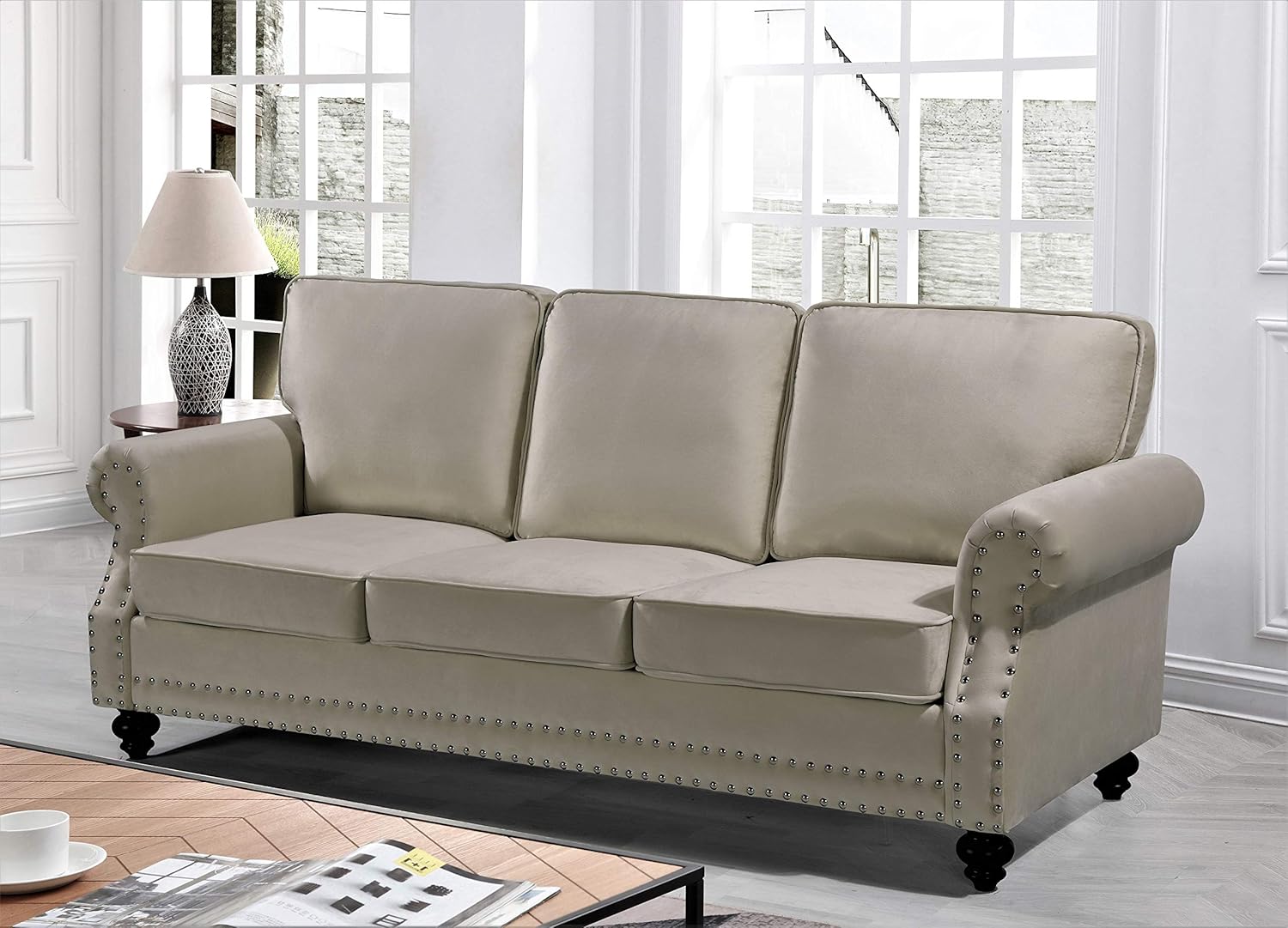 Lotus Mid Century Modern Velvet Upholstered Living Room Rolled Arms, Chair, Loveseat and Sofa, Ivory