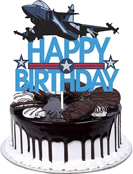 Jet Fighter Happy Birthday Cake Topper - Airplane Army fan party Blue Glitter Cake Topper - Military Theme Birthday Party Decoration For Men Boys