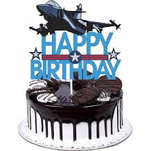 Jet Fighter Happy Birthday Cake Topper - Airplane Army fan party Blue Glitter Cake Topper - Military Theme Birthday Party Decoration For Men Boys