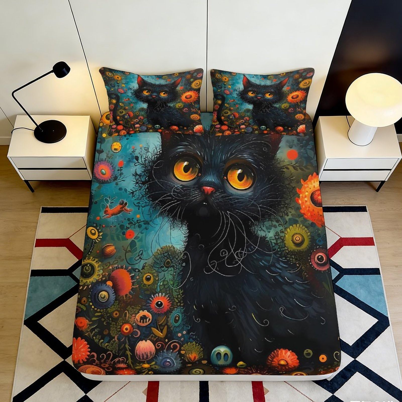 3D Printed playful black cat Fitted Sheet, Microfiber soft touch, wrinkle resistant, bed cover, home decor, apartment bedding, easy care 120x200x25cm