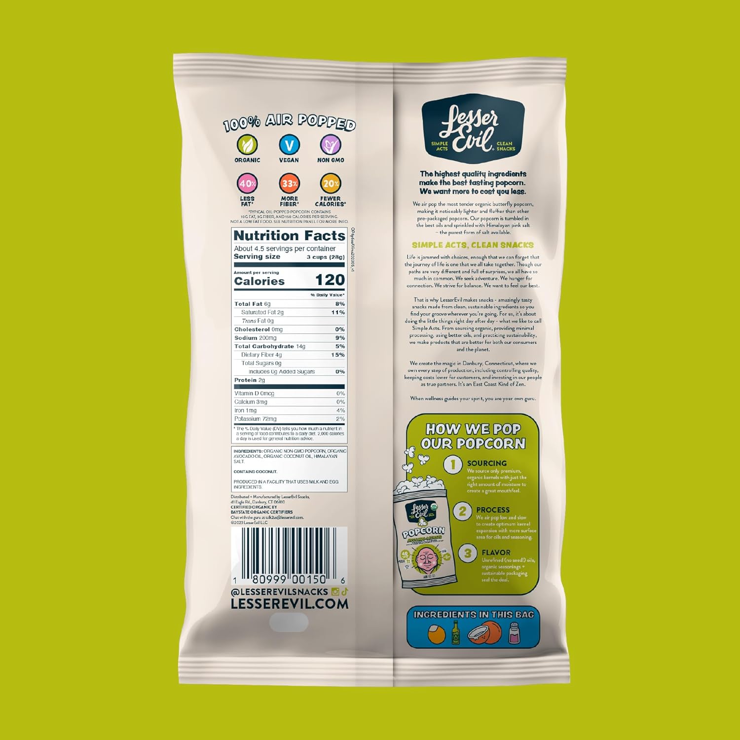 LesserEvil Avocado-licious Organic Popcorn, Amazon Exclusive, Premium Quality, Minimally Processed, No Vegetable Oil, 4.6 Oz, Pack of 3