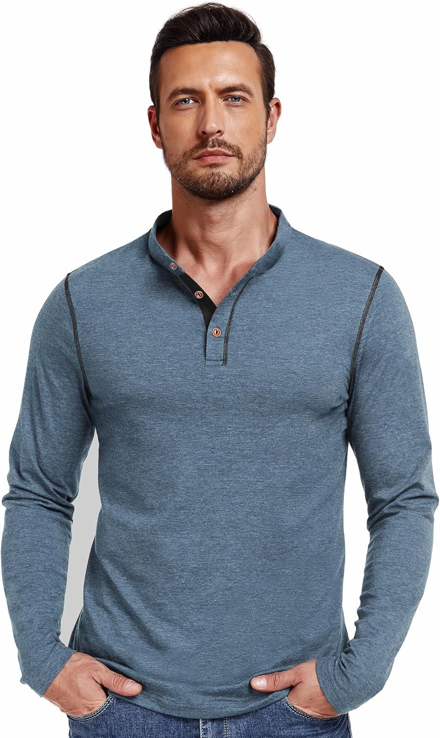 PEGENO Men's Henley Long Sleeve T-Shirt Casual Shirt Banded Collar Designed Placket Tees Tops - Image 5