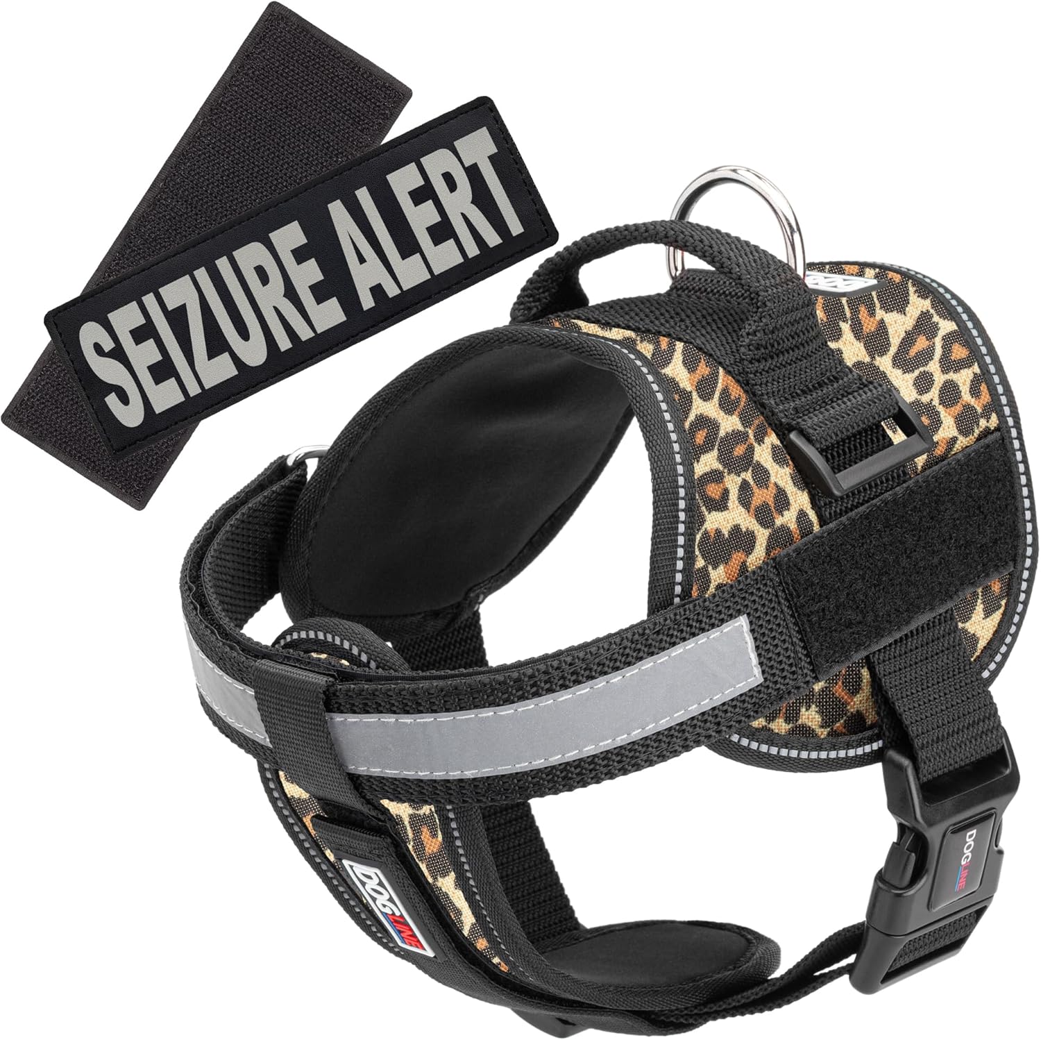 Dogline Unimax Dog Harness Vest with Seizure Alert Patch Reflective No-Pull, Adjustable Straps, Breathable Neoprene for Medical, Service, Identification and Training Dogs Girth 15 to 19" Leopard Brown